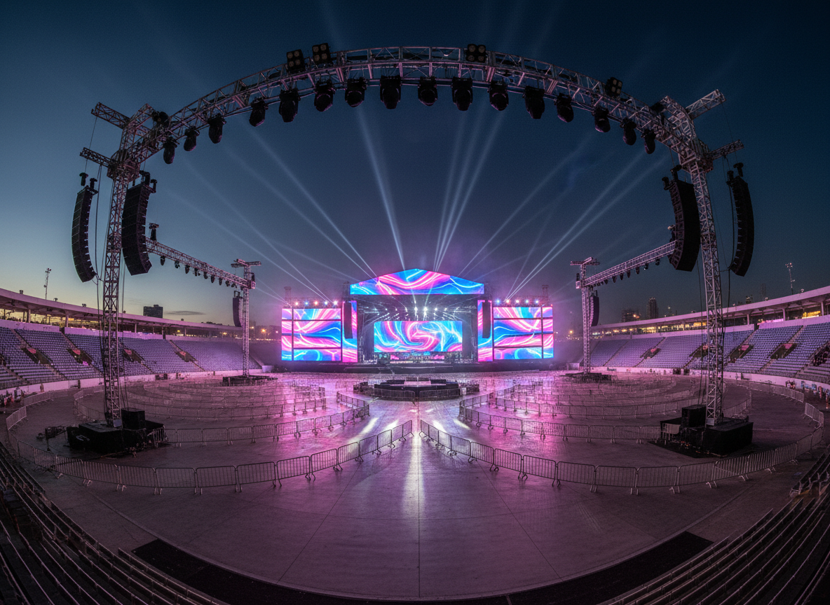 A wide, panoramic photographic scene of a massive open-air arena in Belo Horizonte at night, the empty stage towering at the far end with an intricate LED wall glowing in vivid neon gradients of pink, blue, and electric purple. Countless metallic crowd barriers form geometric lines converging toward the stage, while polished concrete flooring reflects scattered beams of moving spotlights cutting through a faint haze. Overhead trusses heavy with speakers and lights create an industrial crown around the arena. The sky is a deep indigo with a hint of city glow on the horizon. Shot from a slightly elevated angle with sharp focus throughout, the composition feels expansive, energetic, and anticipatory, capturing the essence of a colossal urban funk festival about to ignite.