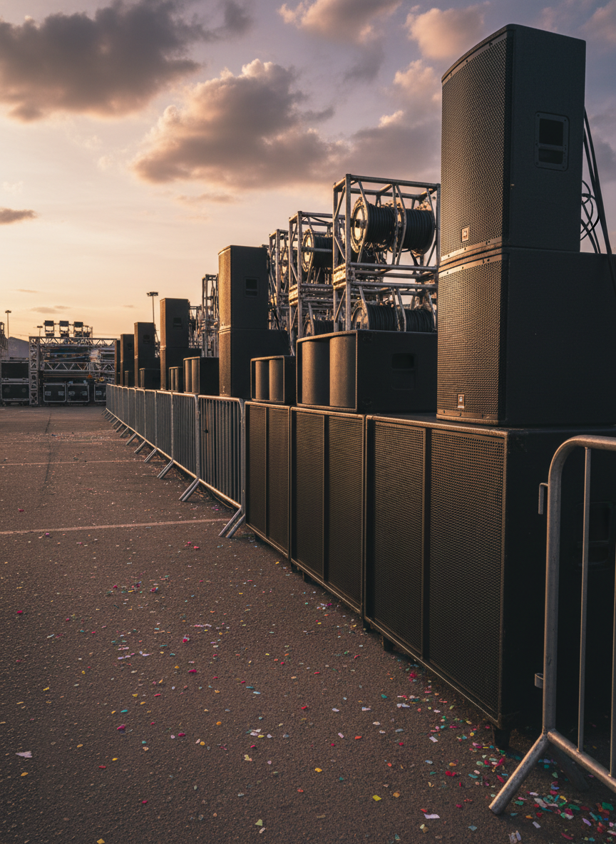 A moody photographic scene of a quiet corner of the Baile da Arena grounds during setup, featuring a row of large, glossy black subwoofers and speaker stacks lined neatly along a metal barricade. Coarse asphalt with scattered confetti remnants stretches into the background, where portable light towers and truss segments lie stacked in organized clusters. Late-afternoon golden light from a low sun grazes the equipment, casting long, dramatic shadows and warm highlights on the textured speaker grilles. The sky holds soft cumulus clouds tinged with orange, hinting at the coming night. Captured from a low-angle, three-quarter view with moderate depth of field, the mood is expectant and cinematic, emphasizing industrial details and the monumental infrastructure behind a historic urban funk festival in Belo Horizonte.