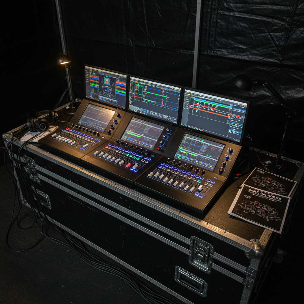 A detailed photographic overhead shot of a festival control and lighting desk at Baile da Arena, arranged on a long, rugged black road case table. Multiple touchscreens display complex lighting timelines and colorful waveform patterns, while motorized faders, glowing knobs, and labeled buttons form orderly rows. Coiled cables, intercom headsets resting on soft foam, and laminated stage maps marked “Belo Horizonte – 21 Março 2026” add authenticity. The environment is a dim backstage tent with black fabric walls, illuminated mainly by the cool glow of monitors and a single warm clip-on lamp, creating a cozy yet intense workspace. Shot from a bird’s-eye view with sharp focus, the composition highlights meticulous organization and behind-the-scenes precision that powers the largest funk festival in BH.