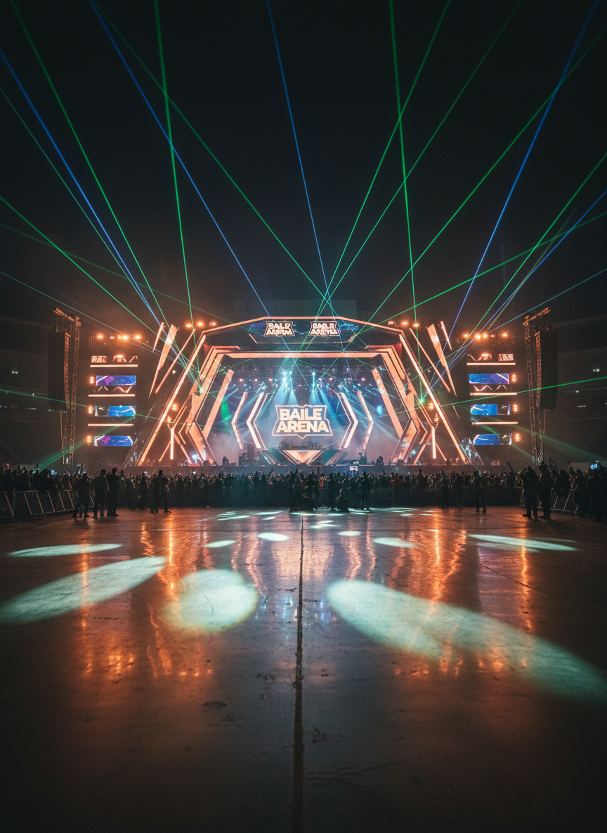 A dramatic photographic night scene of the Baile da Arena main stage in Belo Horizonte, captured from the center of the arena floor. The stage design features bold geometric structures clad in glossy black and chrome, framing a huge central LED screen showing the festival logo “Baile da Arena” in bright yellow and white against a deep purple background. Laser beams in green and blue slice through a controlled mist above, while warm amber uplights wash the stage façade, creating dynamic contrast. Surrounding the stage, towering line-array speakers hang from trusses like futuristic pillars. The polished concrete reflects the colored lights in long streaks. The composition uses a low-angle perspective to amplify scale, with crisp photographic realism and a high-energy, electrifying atmosphere.