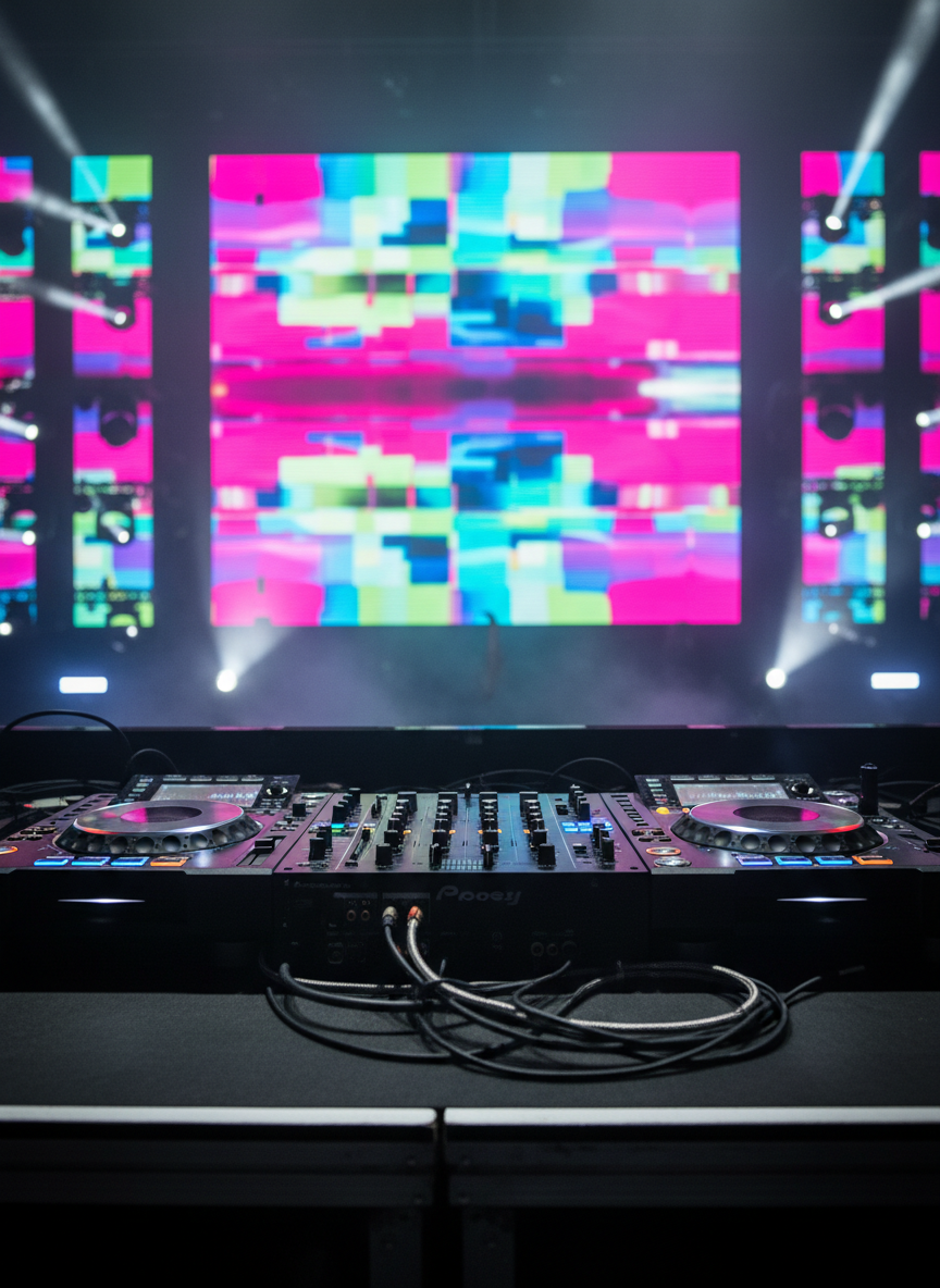 A close-up photographic view of a DJ booth setup on a large festival stage, featuring a sleek black mixer with glowing multicolored LED buttons, twin turntables with brushed metal platters, and braided audio cables snaking neatly across a textured matte surface. Behind the booth rises a towering LED panel grid displaying an abstract visualizer in vibrant funk-inspired colors—hot magenta, lime green, and electric blue—softly out of focus. Thin beams of stage fog drift across the scene, catching sharp, directional side lighting from stage spots that create dramatic highlights and shadows on the equipment. Shot at eye level with a shallow depth of field, the mood is intense, modern, and urban, emphasizing professional sound gear as the beating heart of a massive funk festival.